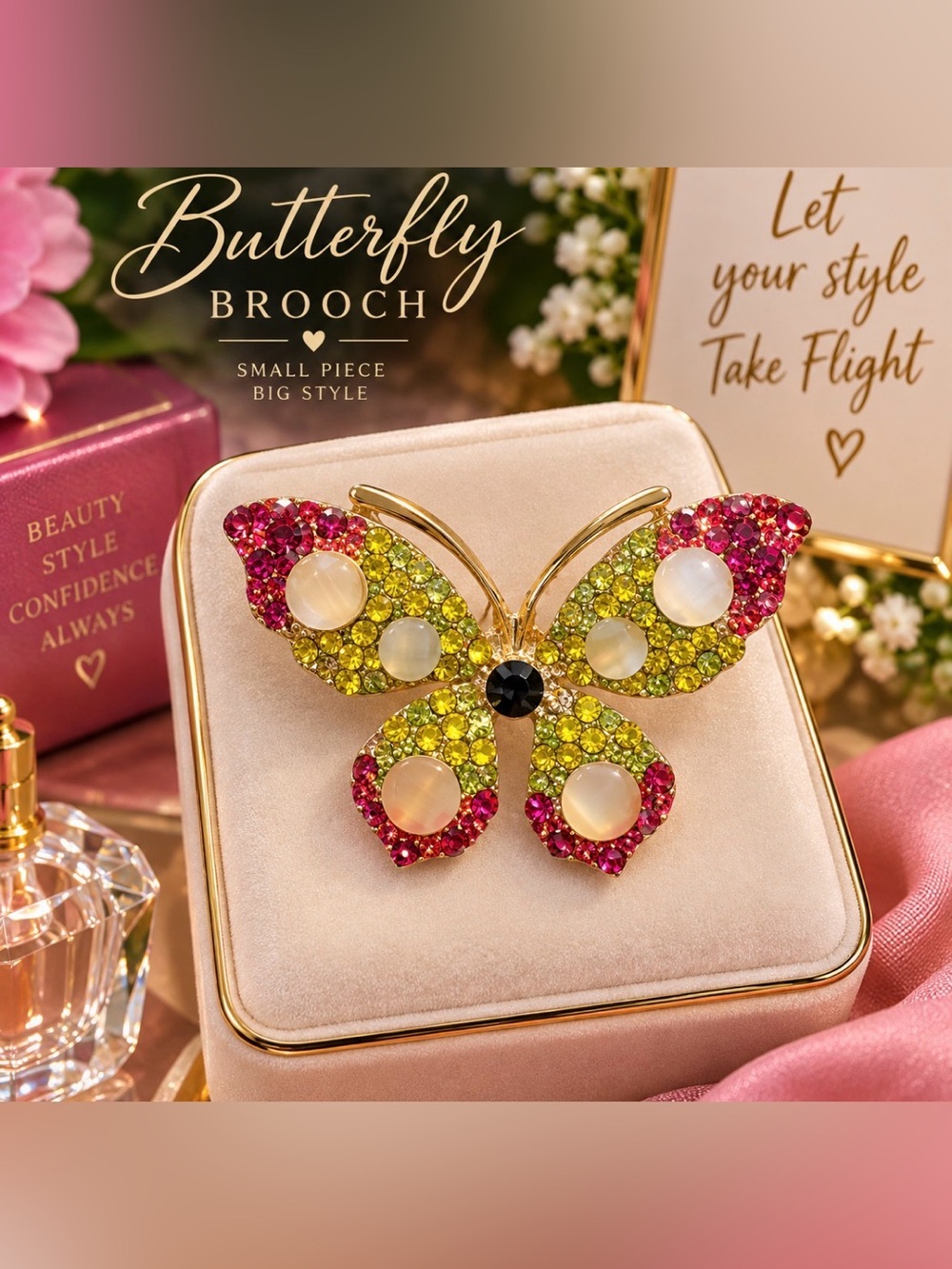 Butterfly Brooch Pin - Gold Tone with Pink and Lime Crystals